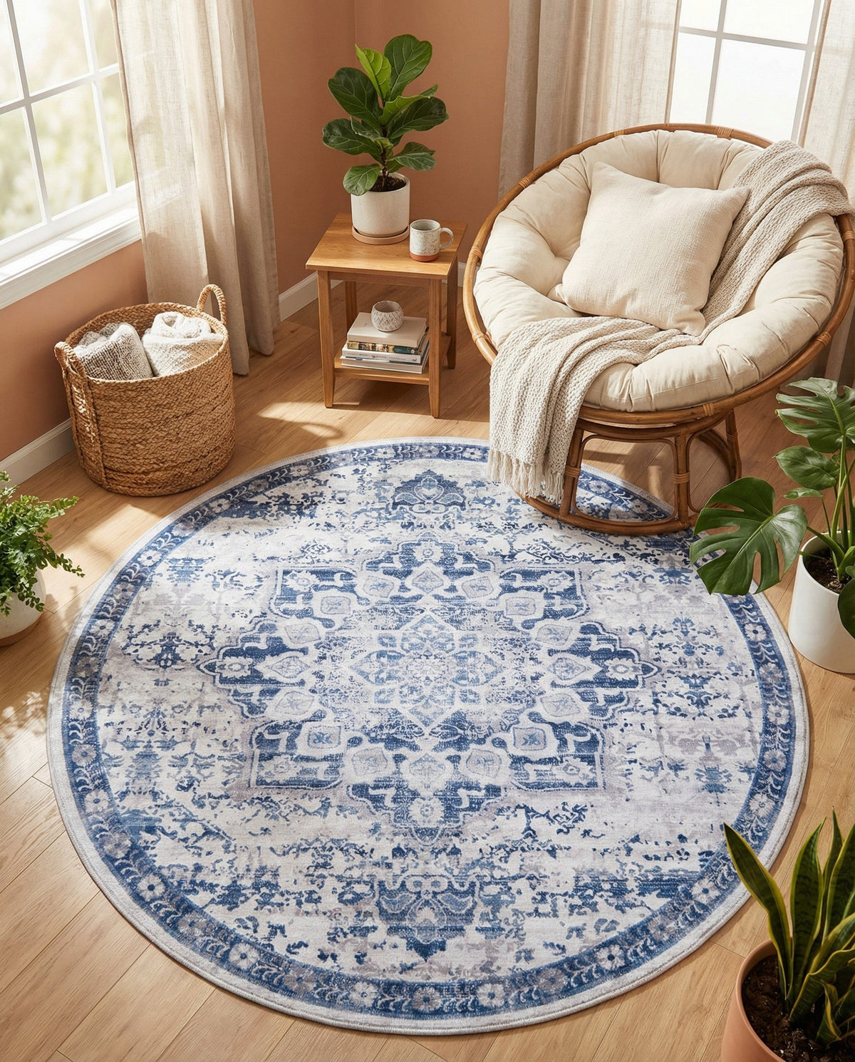 Baroque Era Collection Area Rug - Versailles (Gray Blue) Round Gray Blue  lifestyle 85