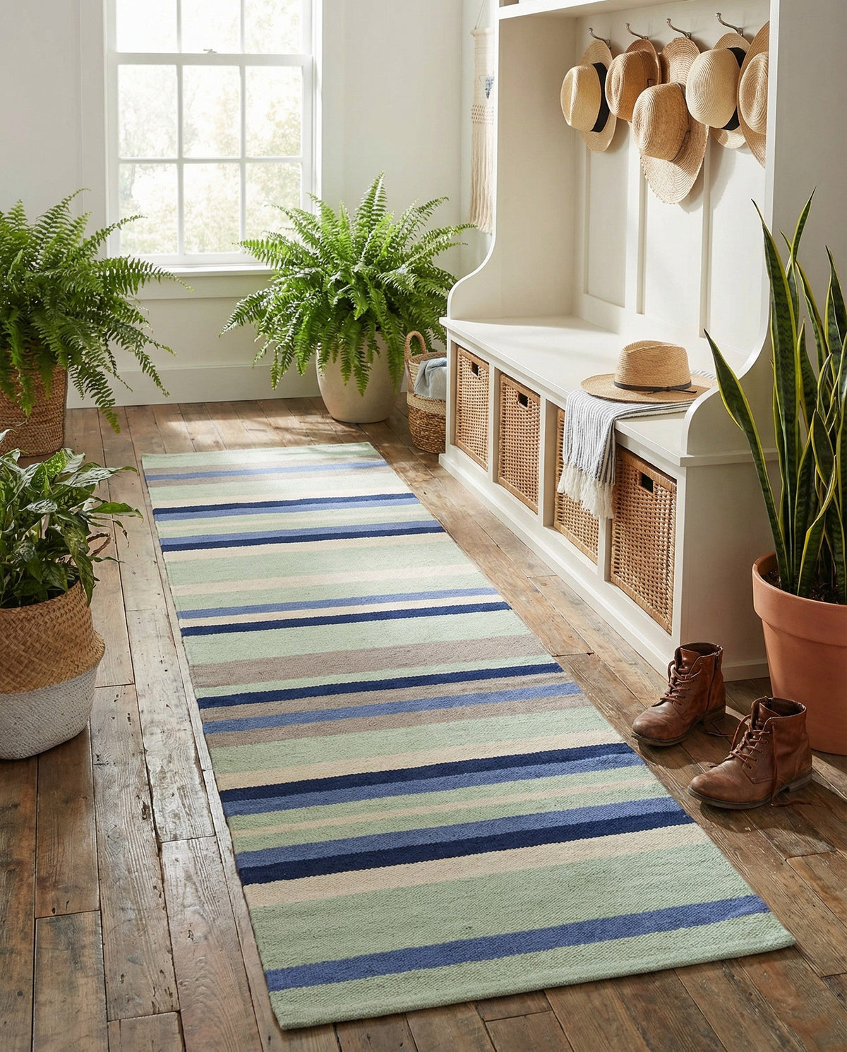 Coastal Stripe Dhurrie Collection Area Rug - Seashore Runner Aqua Blue and Gray  lifestyle 104