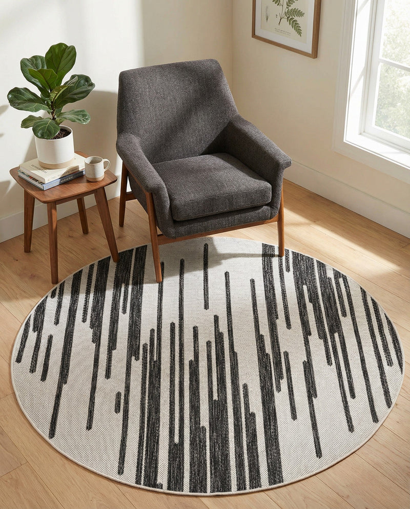 Urban Terrace Collection Area Rug -  Riverside Round Black and White  lifestyle 60