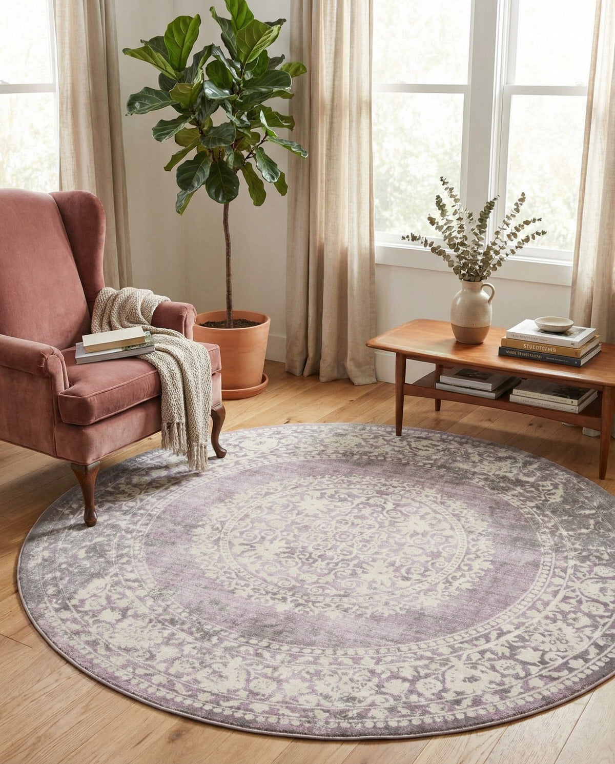 Rustic Charm Revival Collection Area Rug -  Meadowland Round Purple  lifestyle 111