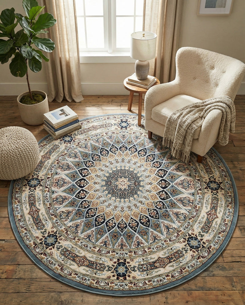 Persian Elegance Collection Area Rug -  Hamedan (Blue) Round Blue  lifestyle 25