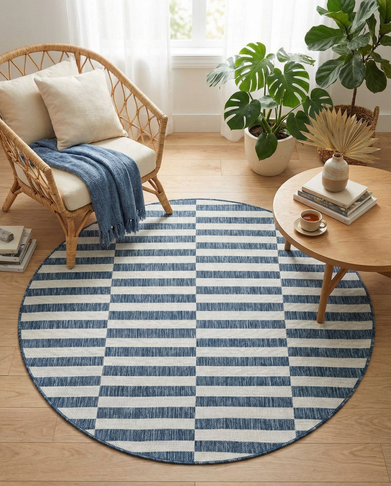 Seaside Stripes Collection Area Rug - Cabana (Blue) Round Blue  lifestyle 69