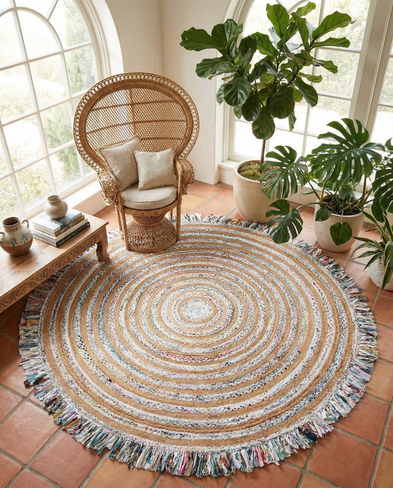 Osian Looms Collection Area Rug - Kathmandu Round Multi White  lifestyle 37