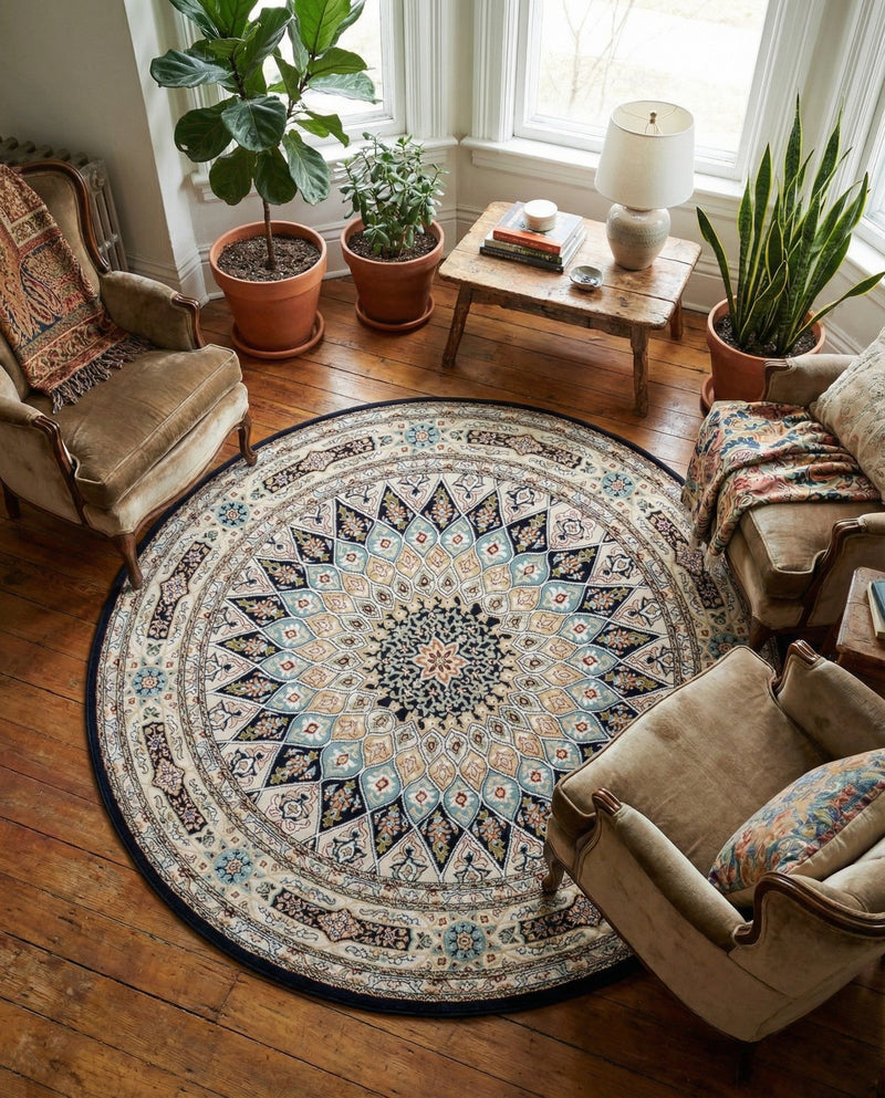 Persian Elegance Collection Area Rug -  Hamedan (Navy Blue) Round Navy Blue  lifestyle 88