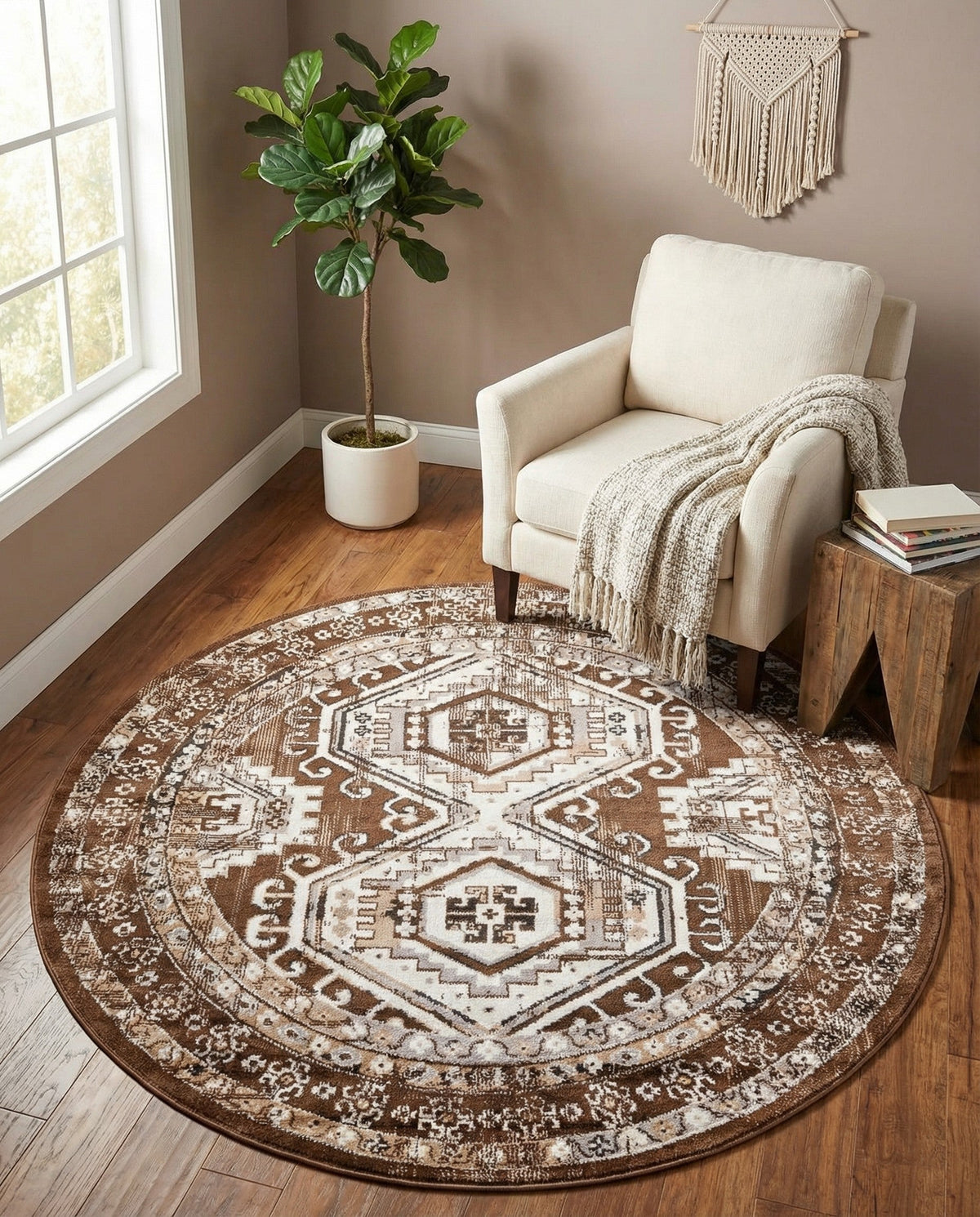 Savannah Elegance Collection Area Rug -  Tybee (Brown) Round Brown  lifestyle 96