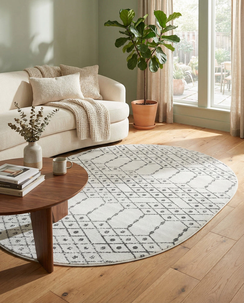 Marrakesh Lattice Collection Area Rug - Casablanca (Ivory Black) Oval Ivory Black  lifestyle 34