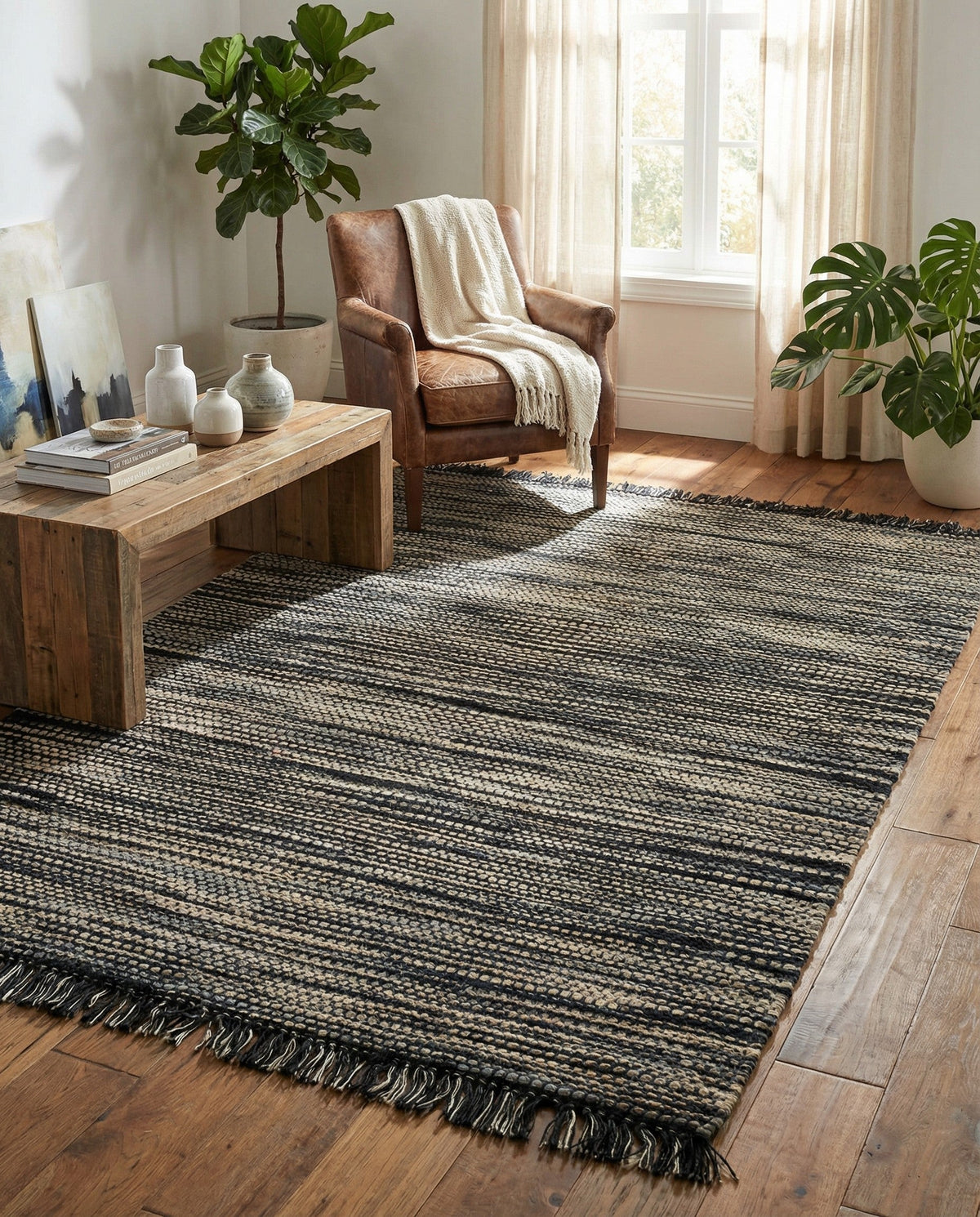 Savannah Jute Collection Area Rug - Nantucket Rectangle Navy Blue and Ivory  lifestyle 34