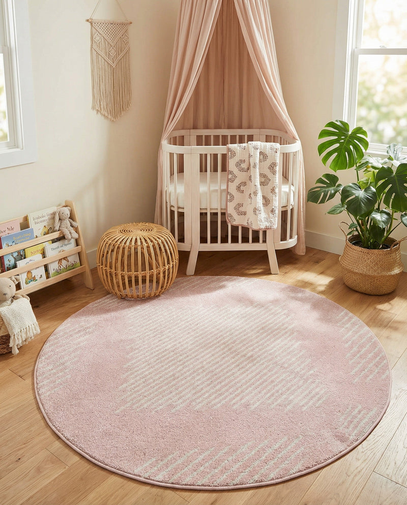 Seychelles Stripes Collection Area Rug - Mahe (Pink) Round Pink  lifestyle 41