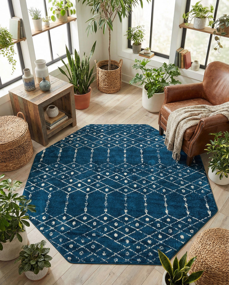 Marrakesh Lattice Collection Area Rug - Casablanca (Navy Blue) Octagon Navy Blue  lifestyle 73