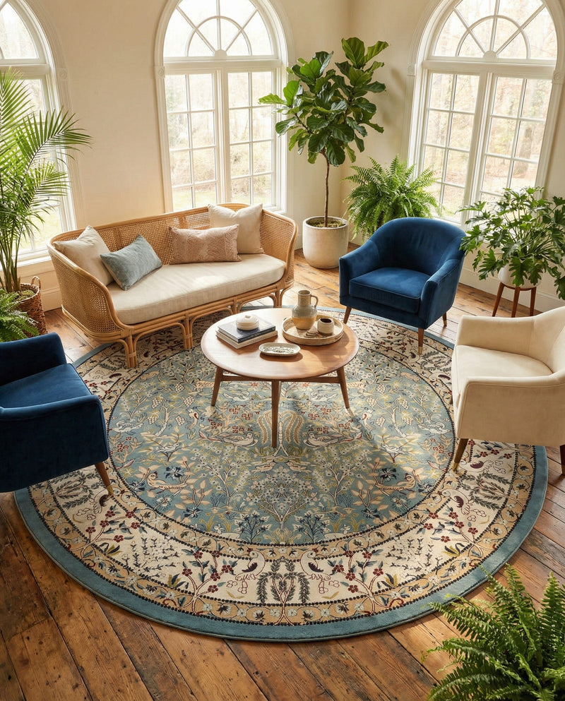 Persian Elegance Collection Area Rug -  Kerman (Blue) Round Blue  lifestyle 76
