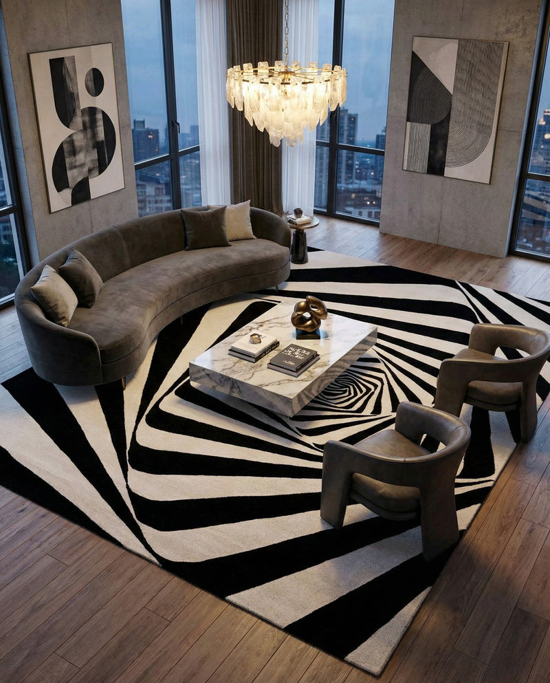 Cyclone Wool Collection Area Rug -  Twister Rectangle Black and White  lifestyle 19