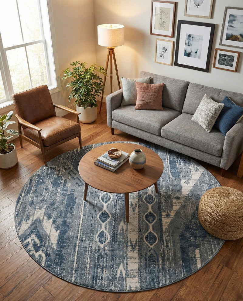 Cascade Range Collection Area Rug - Hood (Blue Gray) Round Blue Gray  lifestyle 31