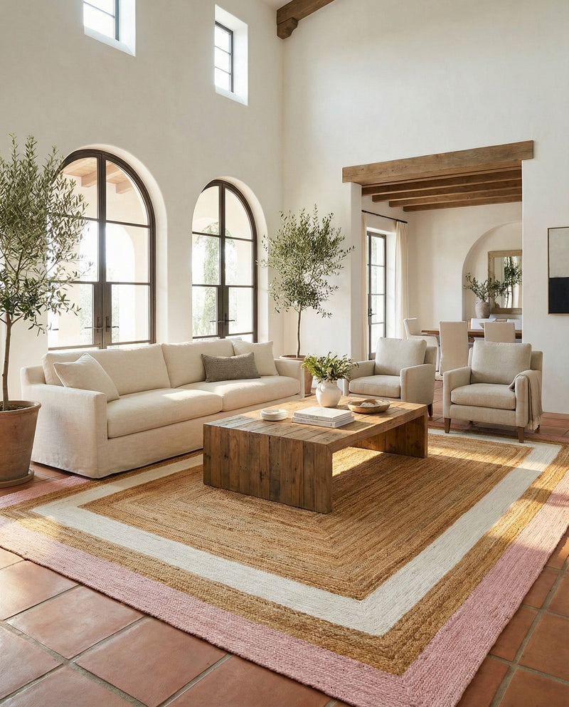 Woven Seaside Jute Collection Area Rug - Nantucket Rectangle Pink White Natural  lifestyle 20