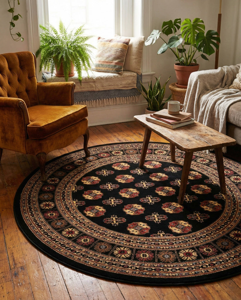 Samarkand Elegance Collection Area Rug -  Margilan (Black) Round Black  lifestyle 78