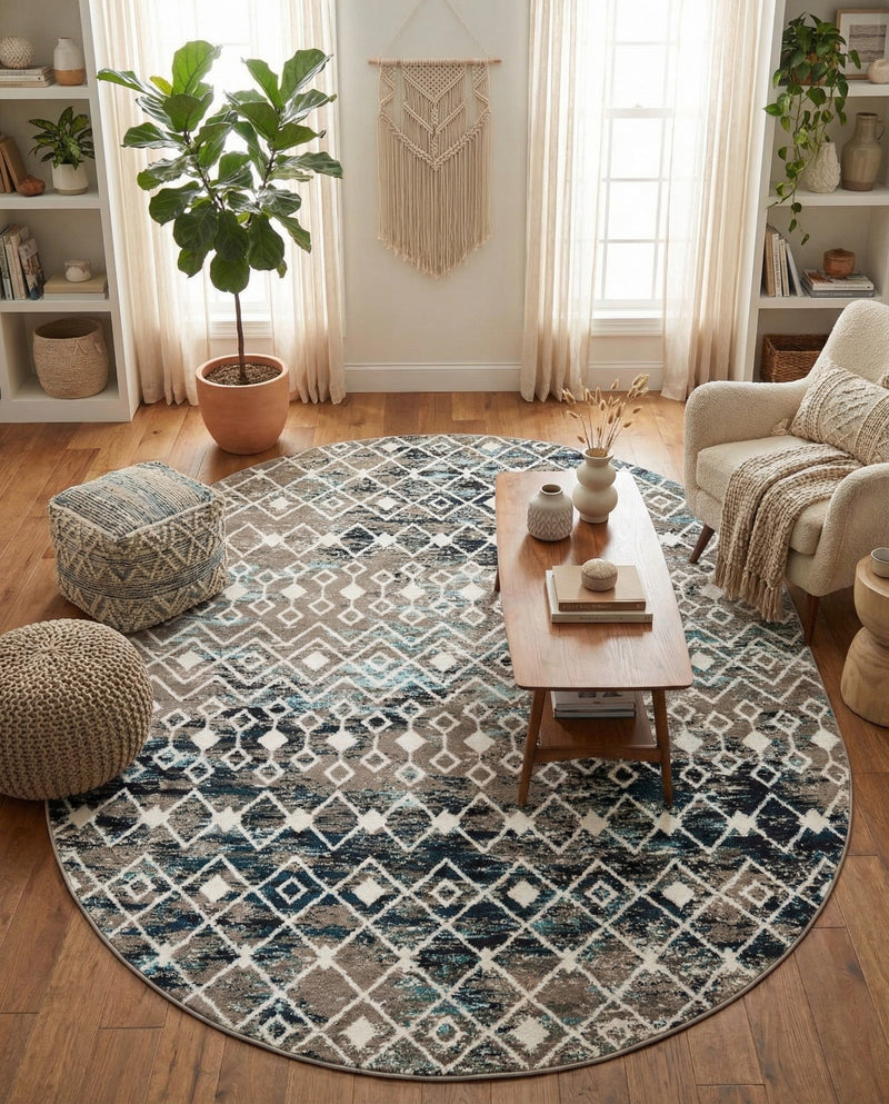 Mediterranean Lattice Collection Area Rug - Santorini (Multi Gray Blue) Oval Multi Gray Blue  lifestyle 74