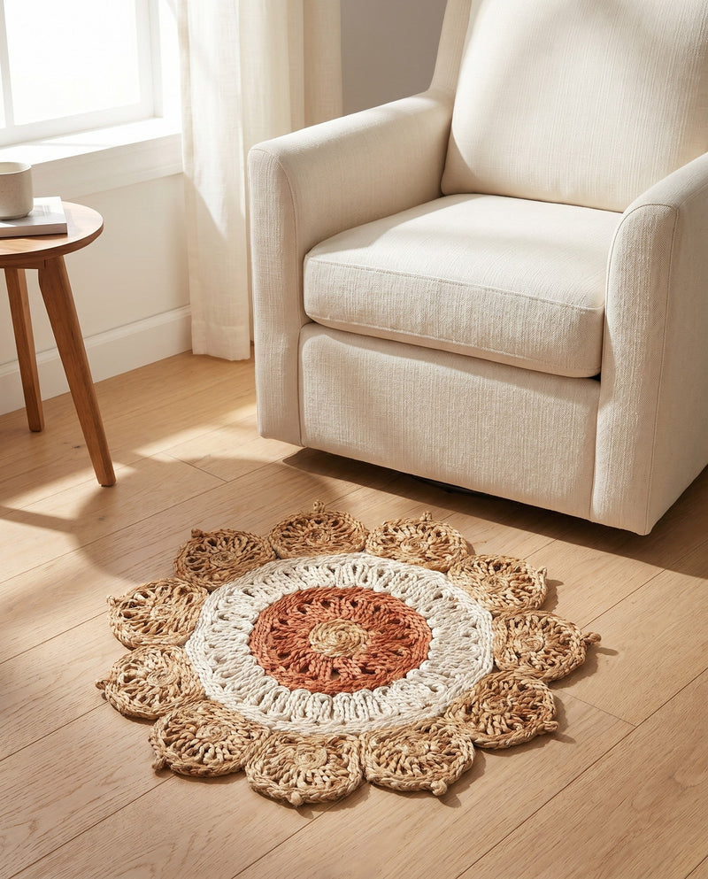 Woven Seaside Jute Collection Area Rug - Coastalhaven (Natural White Orange Pink) Round Natural White Orange Pink  lifestyle 29