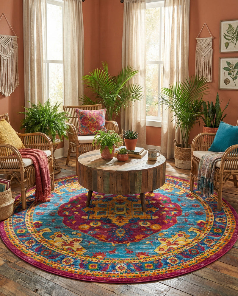 Caribbean Cove Collection Area Rug -  Canouan Round Pink Blue  lifestyle 26