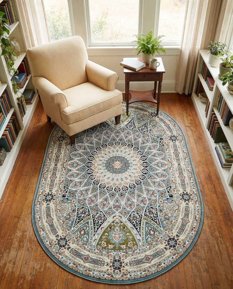 Persian Elegance Collection Area Rug -  Hamedan (Blue) Oval Blue  lifestyle 76