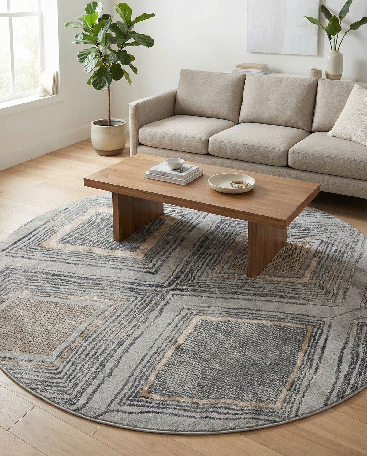 Aegean Elegance Collection Area Rug -  Rhodes Round Gray Cream  lifestyle 88