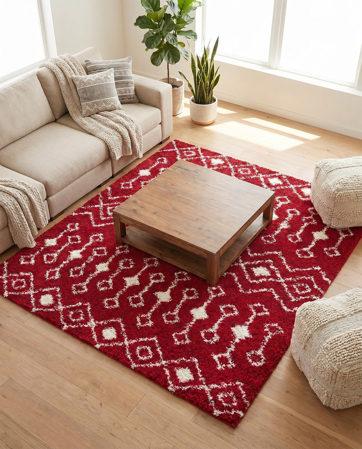 Berber Lattice Shag Collection Area Rug - Atlas (Burgundy Red) Square Burgundy Red  lifestyle 61