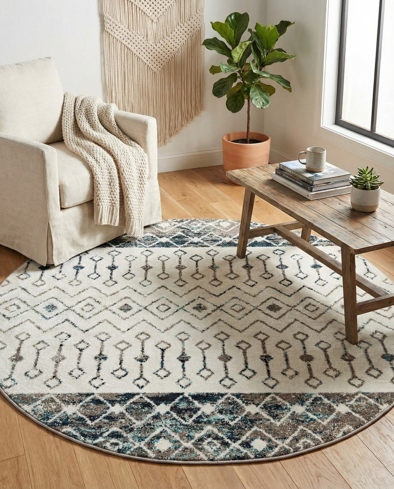 Mediterranean Lattice Collection Area Rug -  Casablanca (Ivory Gray Blue) Round Ivory Gray Blue  lifestyle 74