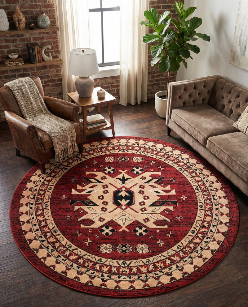 Tabriz Tapestries Collection Area Rug - Azerbaijan (Red) Round Red  lifestyle 52
