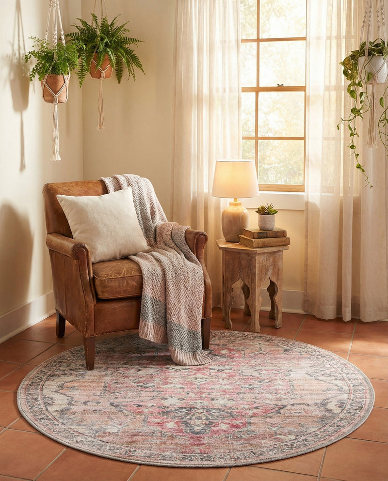 Vintage Memories Collection Area Rug - Echoes Round Beige pink  lifestyle 50