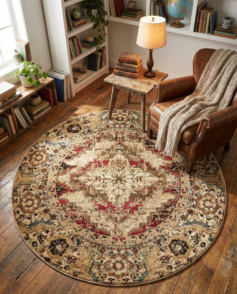 Neptune Elegance Collection Area Rug -  Naiad Round Burgundy Beige  lifestyle 48