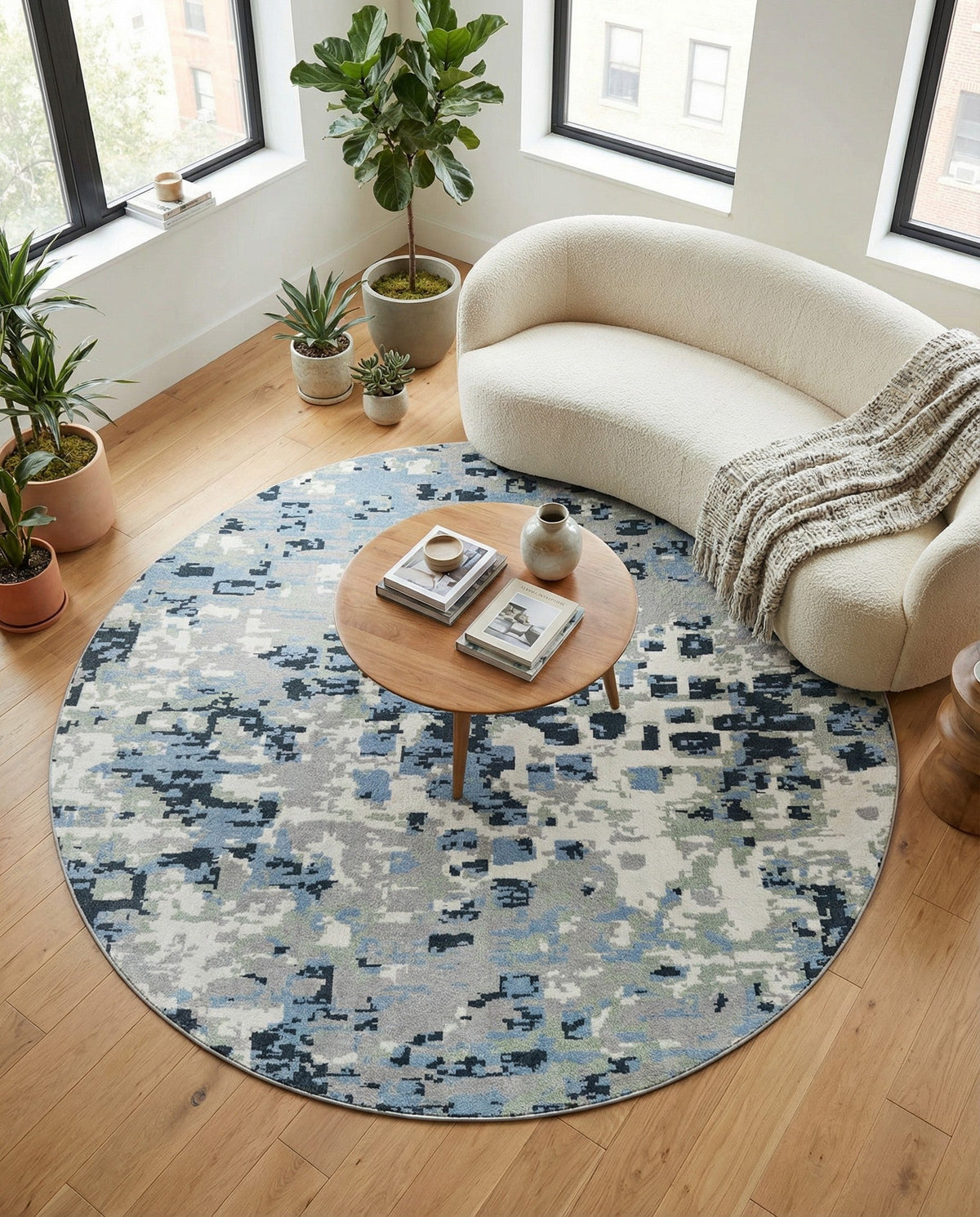 Aegean Elegance Washables Collection Area Rug -  Andros Round Gray Navy Green  lifestyle 80