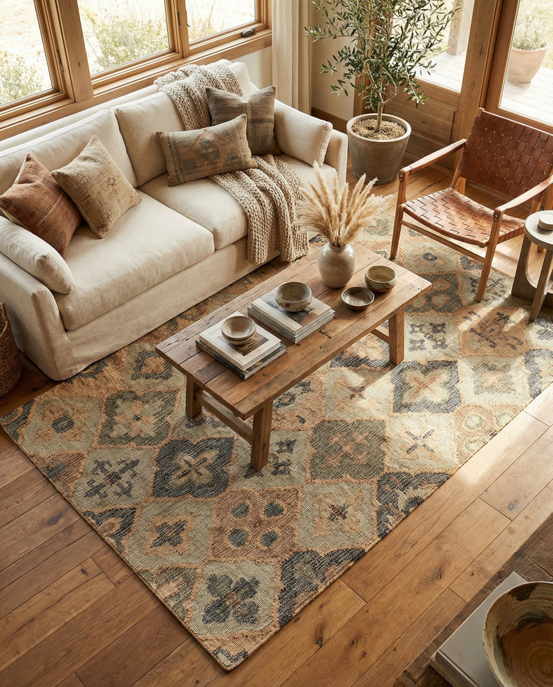 Benares Handwoven Jute Collection Area Rug - Ganges Rectangle Blue and Green  lifestyle 23