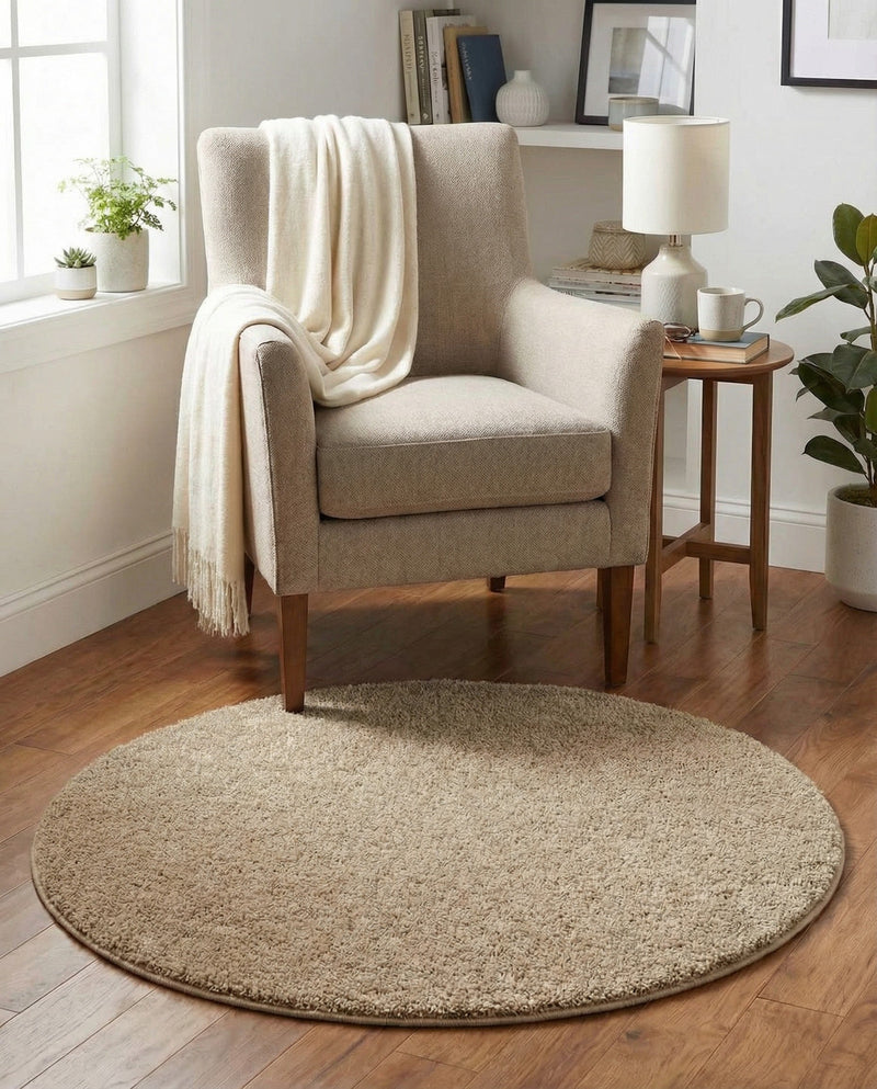 Cozy Comfort Shag Collection Area Rug - Haven (Khaki) Round Khaki  lifestyle 66