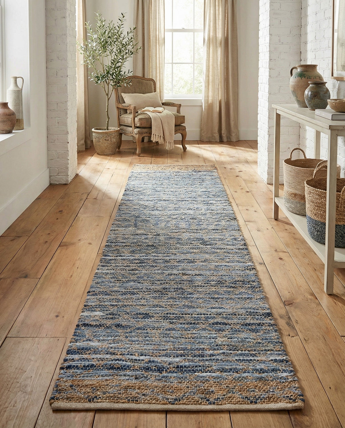 Tulum Trellis Collection Area Rug - Shoreline Runner Denim blue  lifestyle 156