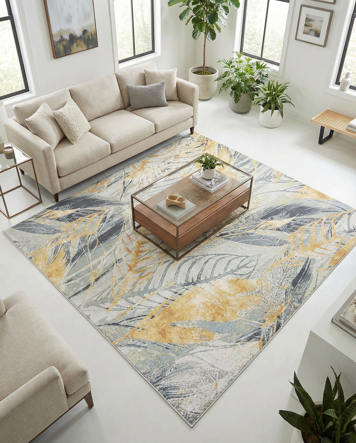 Seaside Blooms Collection Area Rug -  Blossom Square Gray Ivory Yellow  lifestyle 100
