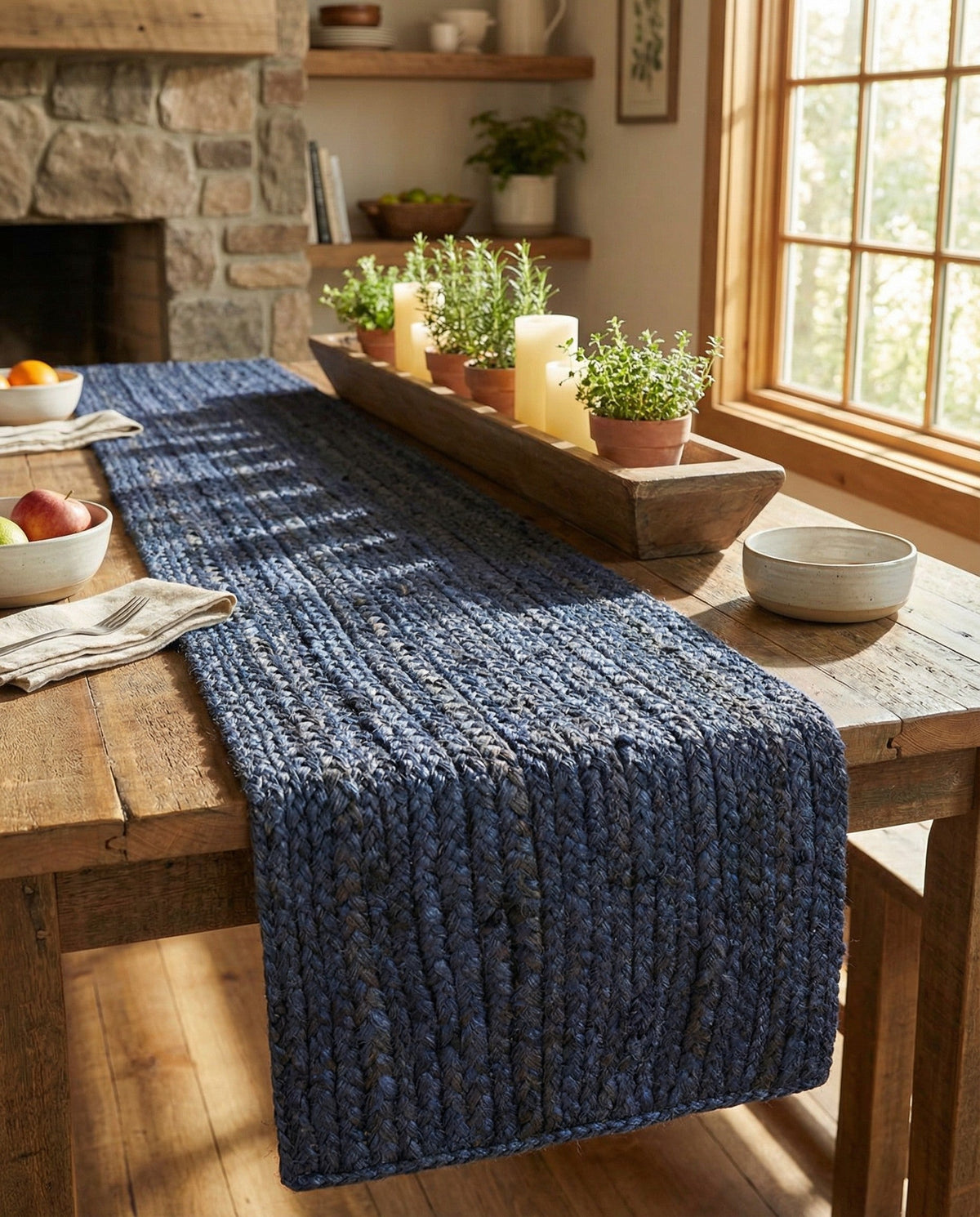 Woven Seaside Jute Collection Area Rug - Savannah (Navy Blue) Table Runner Navy Blue  lifestyle 97