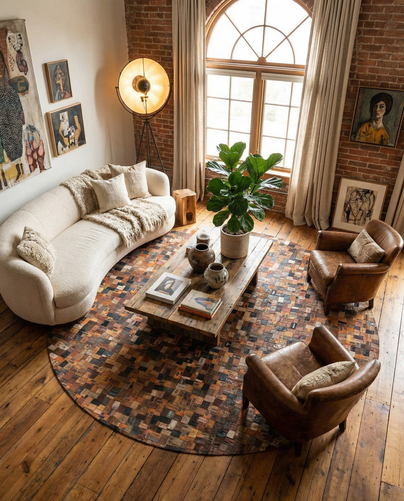 Havana Hide Patchwork Collection Area Rug - Cienfuegos Round Black and Brown  lifestyle 5