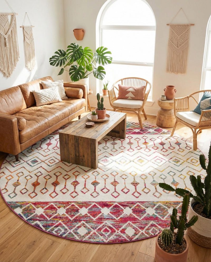 Mediterranean Lattice Collection Area Rug -  Casablanca (Ivory Multi) Round Ivory Multi  lifestyle 33