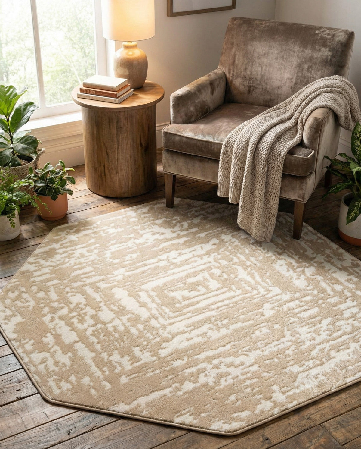 Sanctuary Retreat Collection Area Rug -  Asylum Octagon White Bone  lifestyle 148