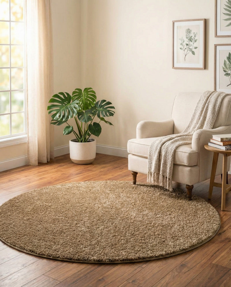Cozy Comfort Shag Collection Area Rug - Haven (Khaki) Round Khaki  lifestyle 69