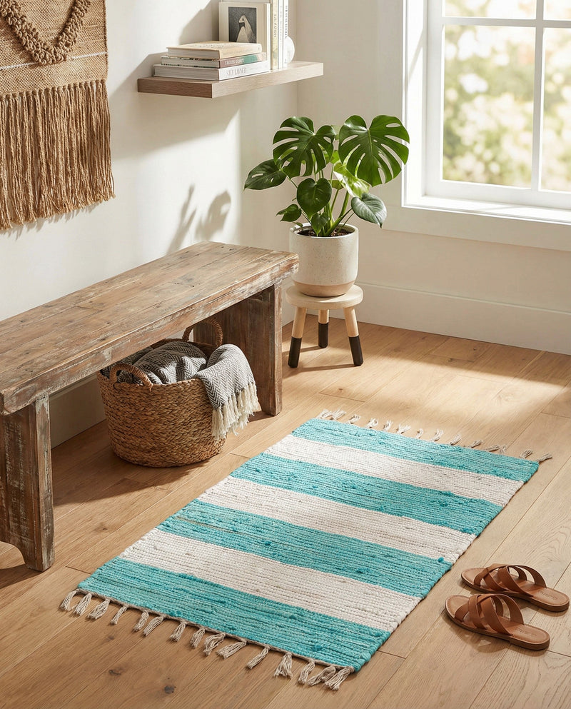 Tassel Trail Collection Area Rug - Pathway (Turquoise and Ivory) Rectangle Turquoise and Ivory  lifestyle 12