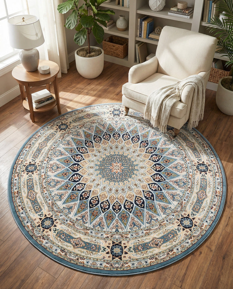 Persian Elegance Collection Area Rug -  Hamedan (Blue) Round Blue  lifestyle 92