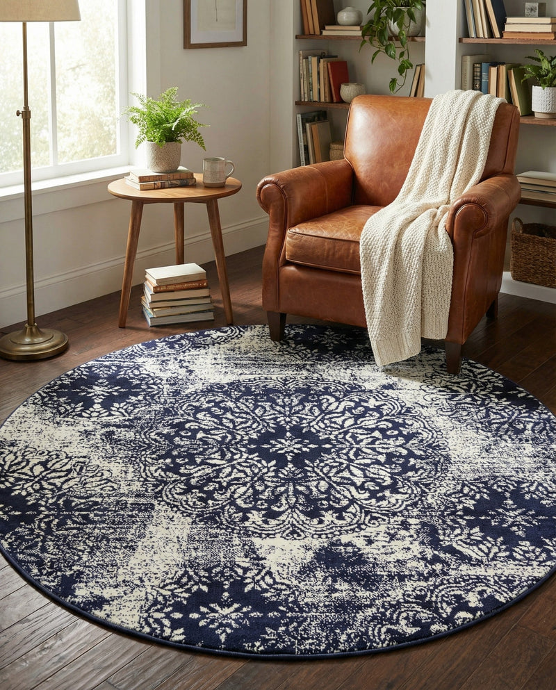 Riviera Elegance Collection Area Rug -  Monaco (Navy Blue) Round Navy Blue  lifestyle 63