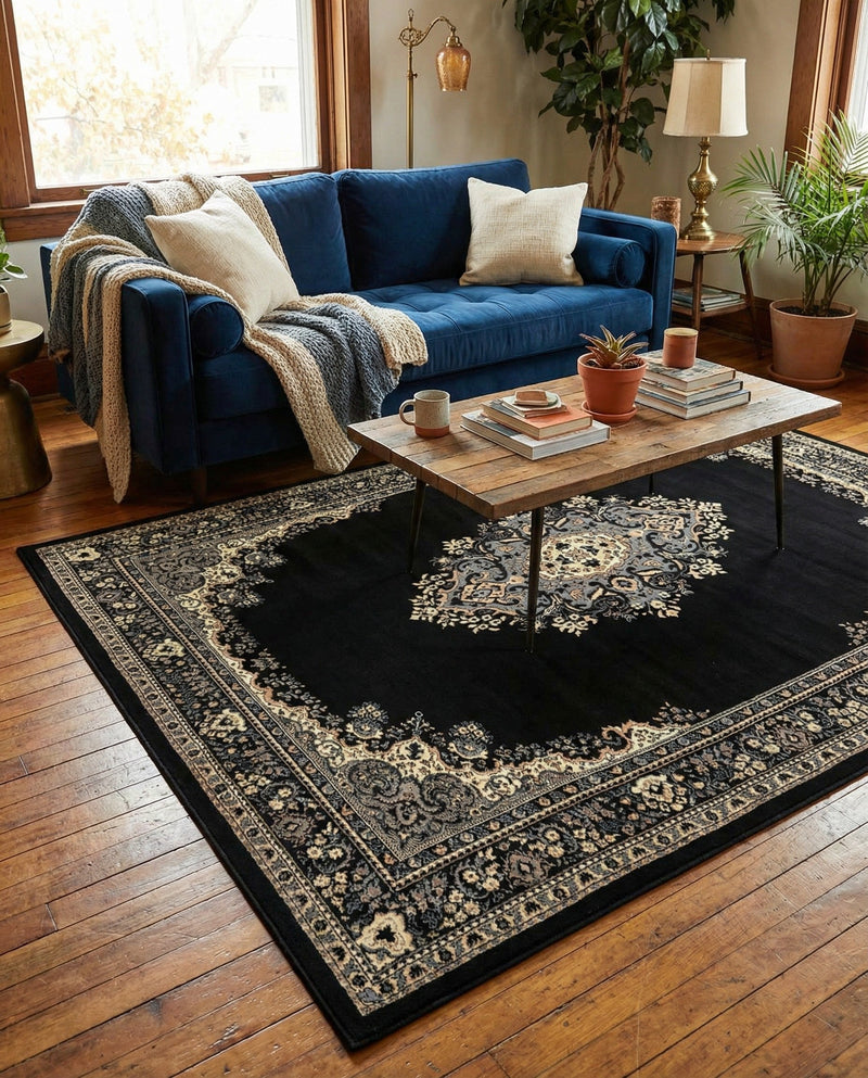 Tabriz Tapestry Collection Area Rug - Azerbaijan (Black) Rectangle Black  lifestyle 17