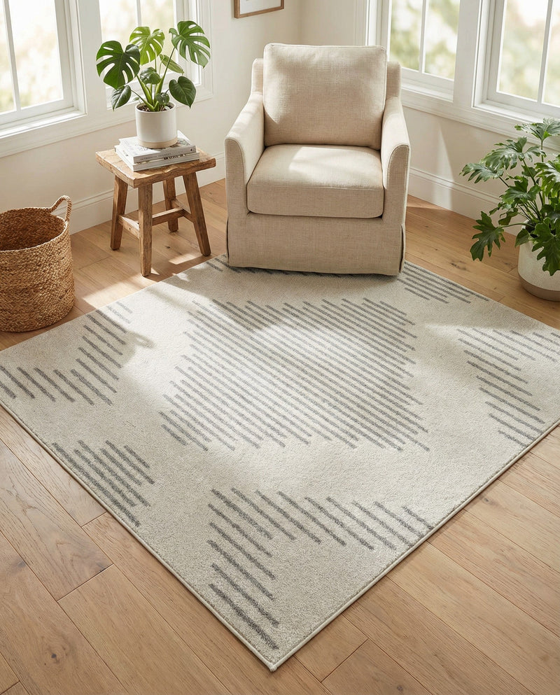 Seychelles Stripes Collection Area Rug - Mahe (Ivory and Gray) Square Ivory and Gray  lifestyle 27