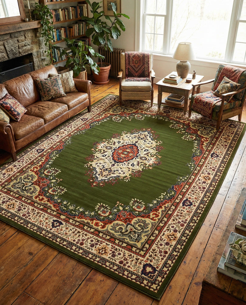 Tabriz Tapestry Collection Area Rug - Azerbaijan (Green) Rectangle Green  lifestyle 12