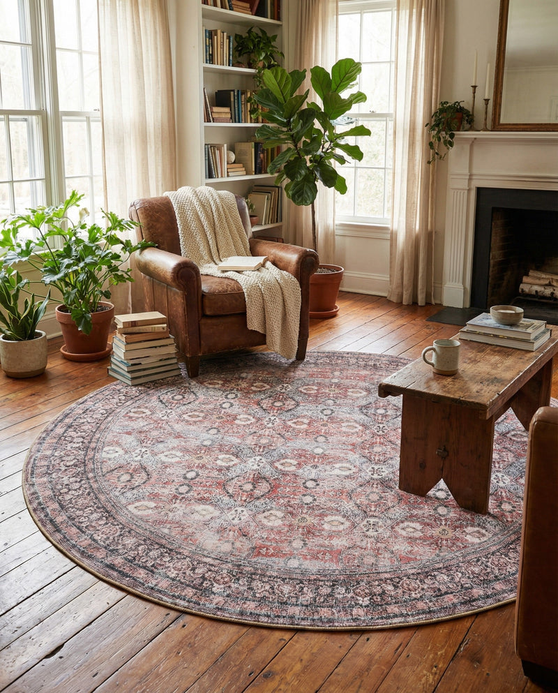Heritage Elegance Collection Area Rug -  Hampton Round Antique Red  lifestyle 67