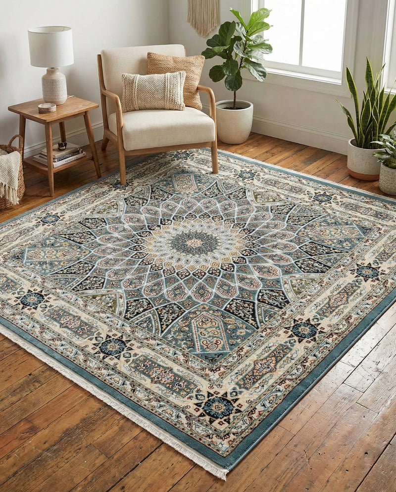 Persian Elegance Collection Area Rug -  Hamedan (Blue) Square Blue  lifestyle 95