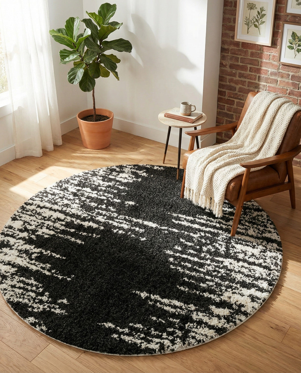 Tranquil Tides Shag Collection Area Rug - Marina Round Black and White  lifestyle 186