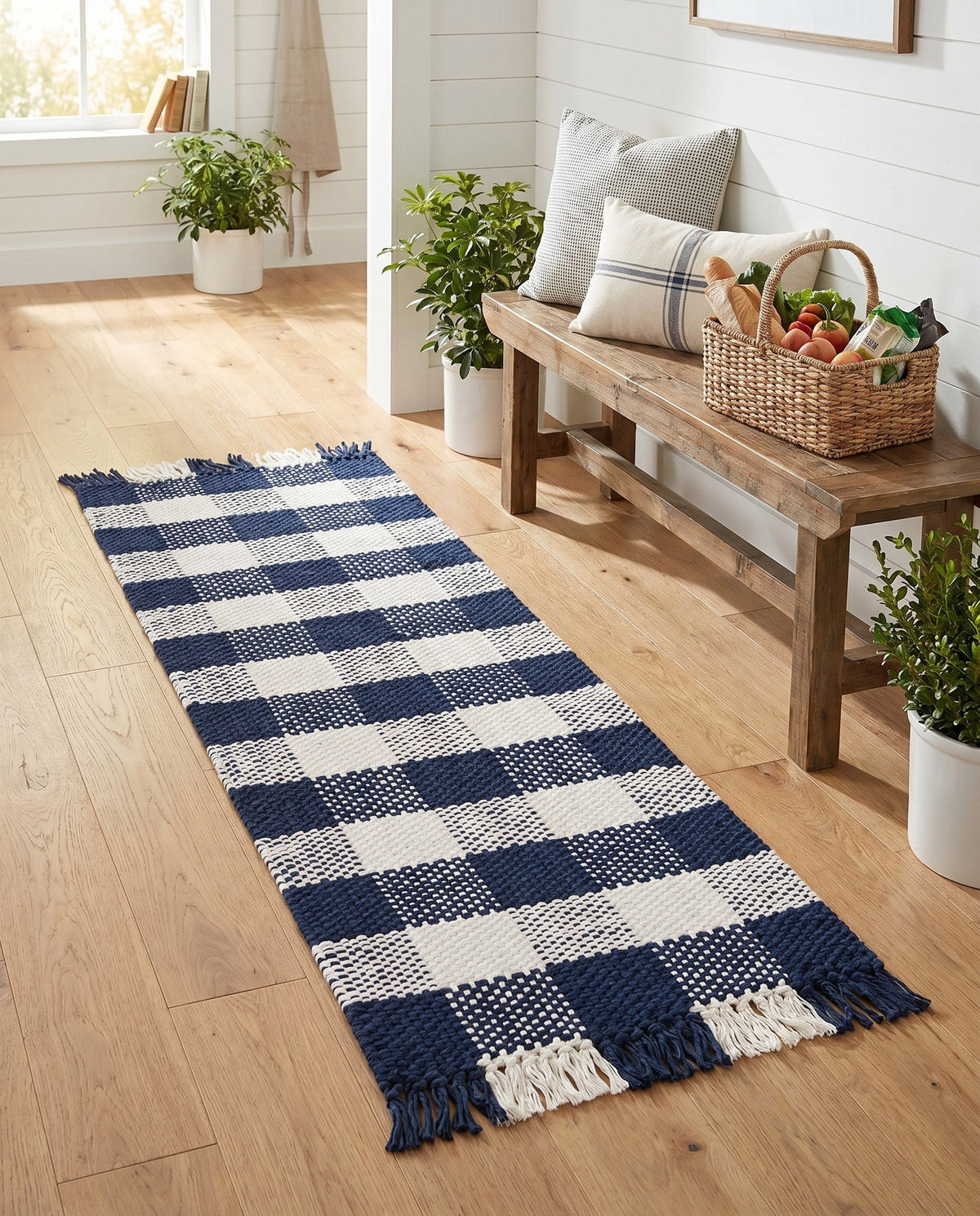 Sustainable Grid Indoor-Outdoor Oasis Collection Area Rug - Savannah Runner Navy Blue  lifestyle 207