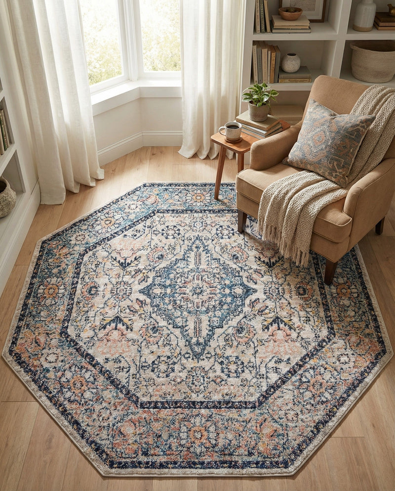 Seville Stripes Collection Area Rug - Cadiz (Blue) Octagon Blue  lifestyle 59