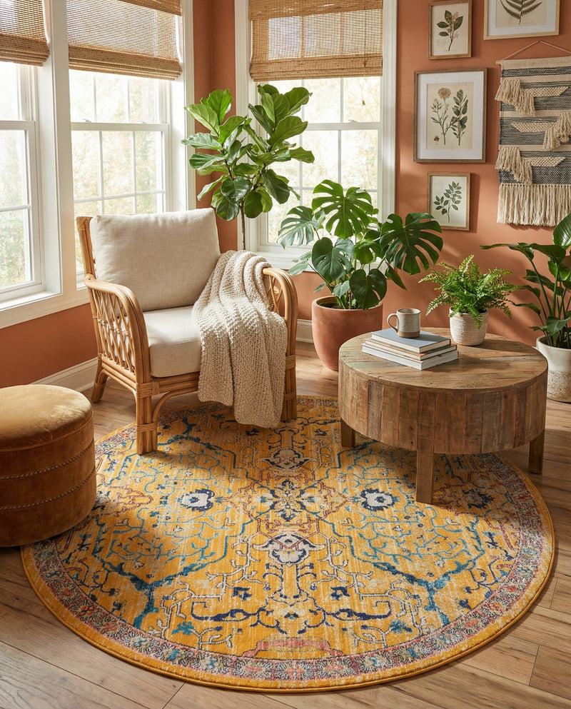 Seville Stripes Collection Area Rug -  Malaga (Yellow) Round Yellow  lifestyle 22
